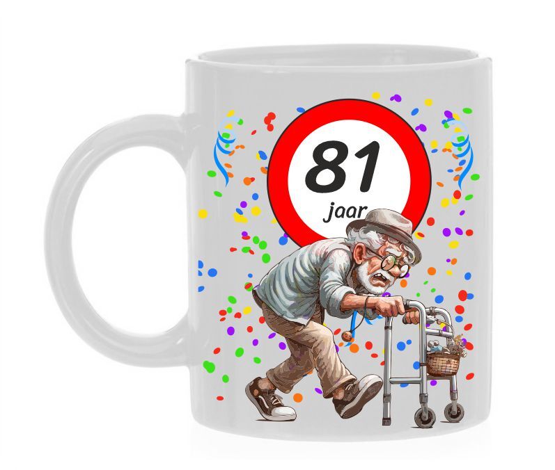 Geef een cadeau dat écht in de smaak valt een hilarische full colour print beker met een vrolijke opa en rollator speciaal ontworpen voor de man van 81 jaar