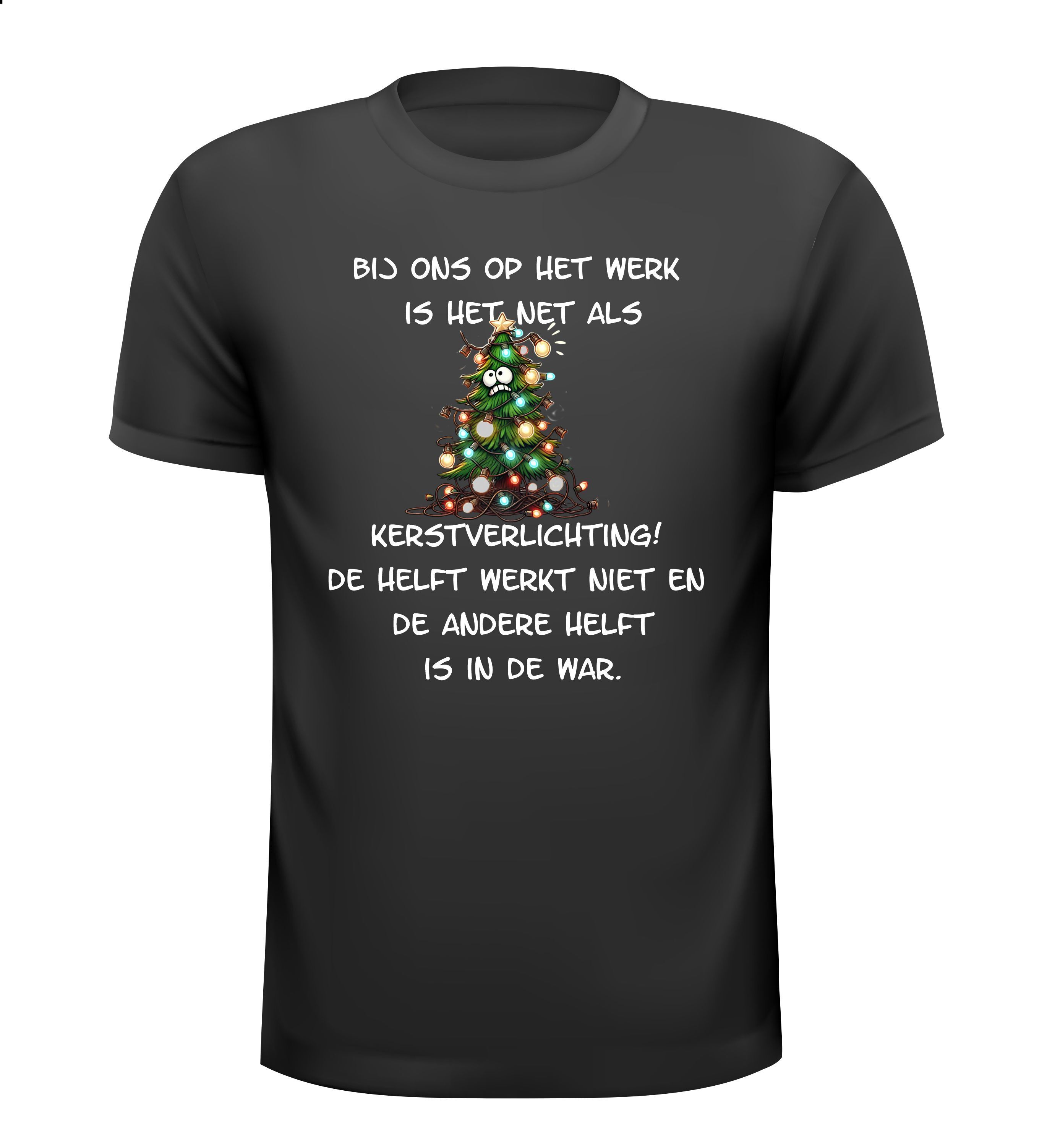 Grappig Kerst T-shirt voor op kantoor of werkplek. Bij ons op het werk is het net kerstverlichting!