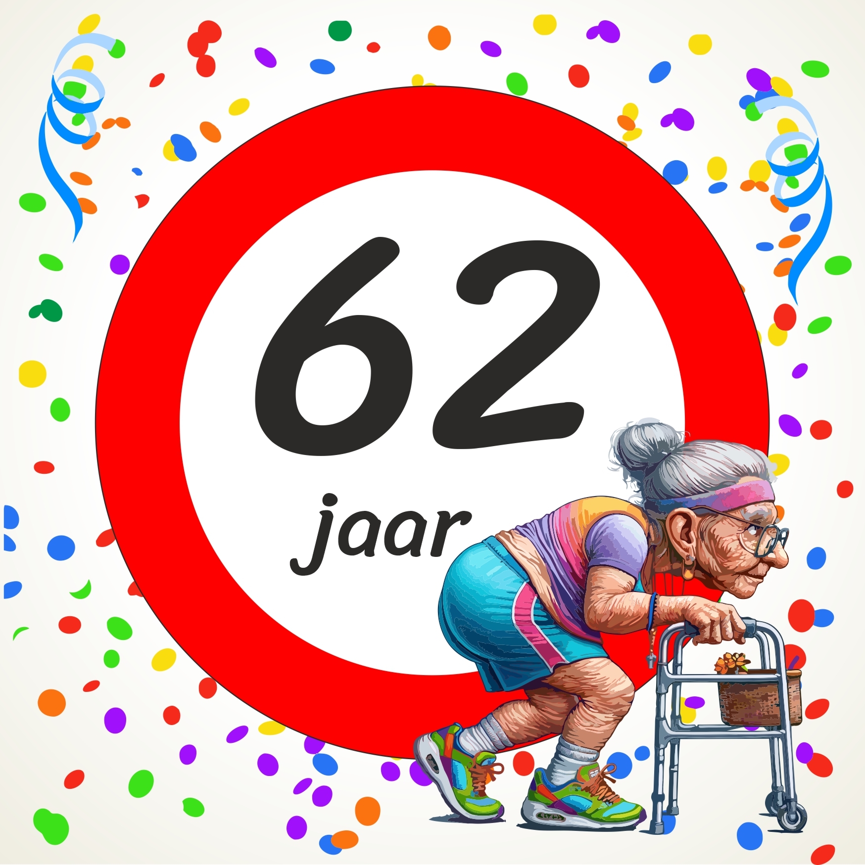 Grappige verjaardag tegel voor een dame van 62 jaar met hillarische print
