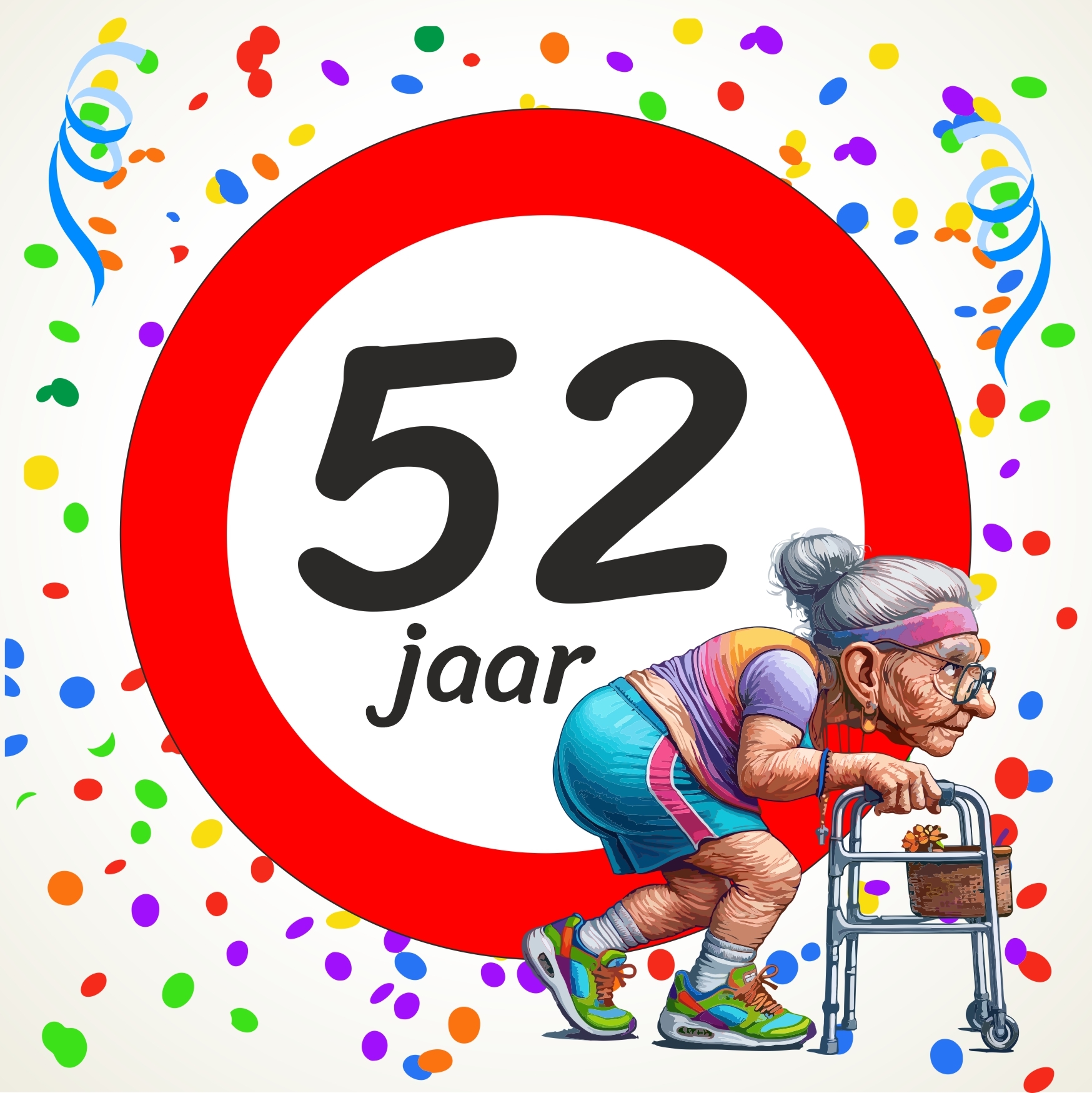 Hilarische full colour tegel voor 52 jarige dame oud vrouwtje met rollator