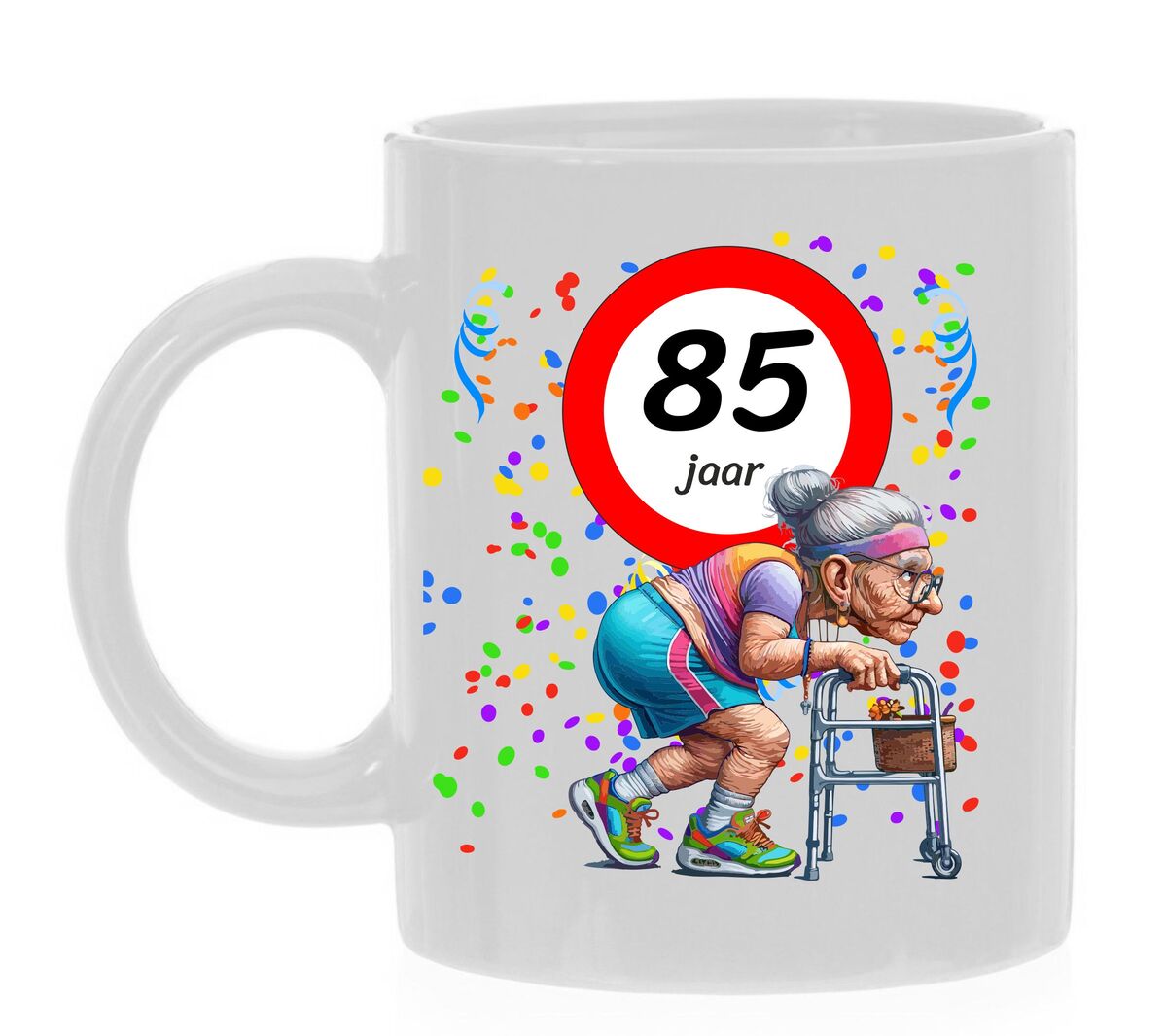 Koffiemok voor een 85 jarige vrouw. Het perfecte verjaardagsgeschenk voor de jarige job