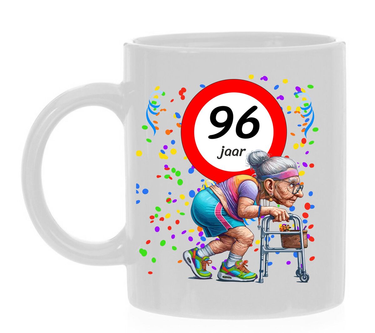 Koffiemok voor een 96 jarige vrouw. Het perfecte verjaardagsgeschenk voor de jarige job