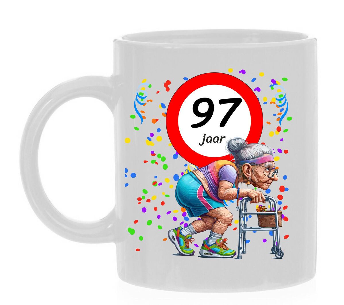Koffiemok voor een 97 jarige vrouw. Het perfecte verjaardagsgeschenk voor de jarige job