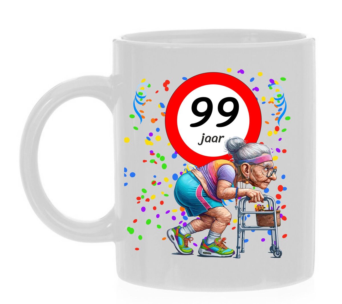 Koffiemok voor een 99 jarige vrouw. Het perfecte verjaardagsgeschenk voor de jarige job