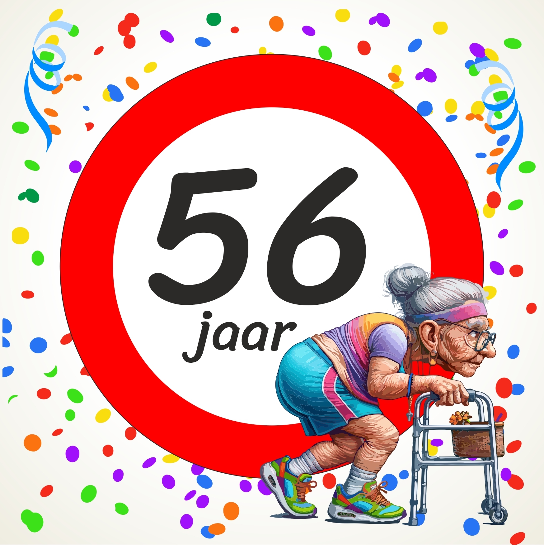 Unieke full colour tegel met humoristische oma met rollator afbeelding een perfect cadeau voor een Lachende 56 jarige