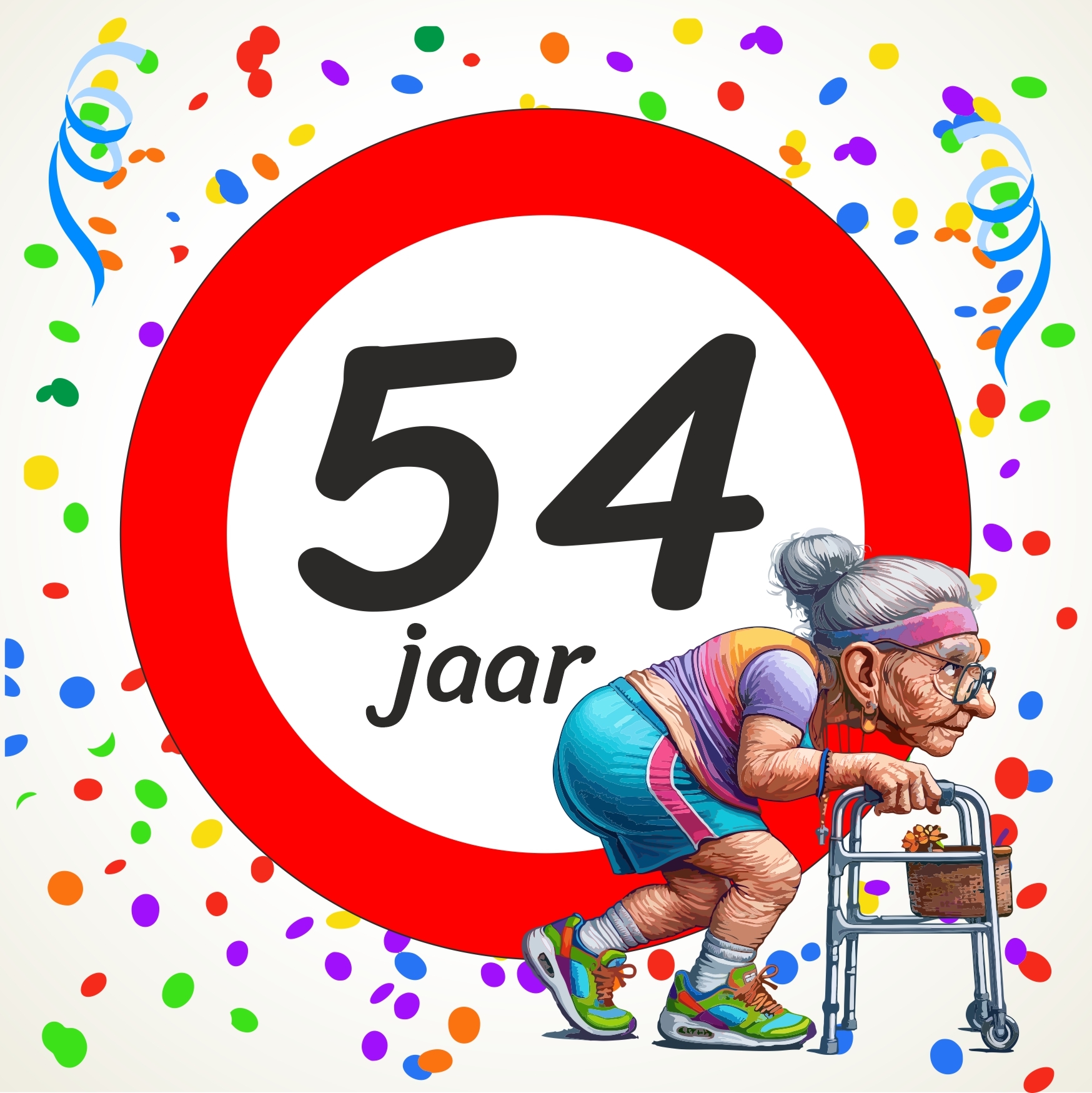Verjaardag tegel 54 jaar cadeau voor een dame met humoristische afbeelding van oude oma met rollator