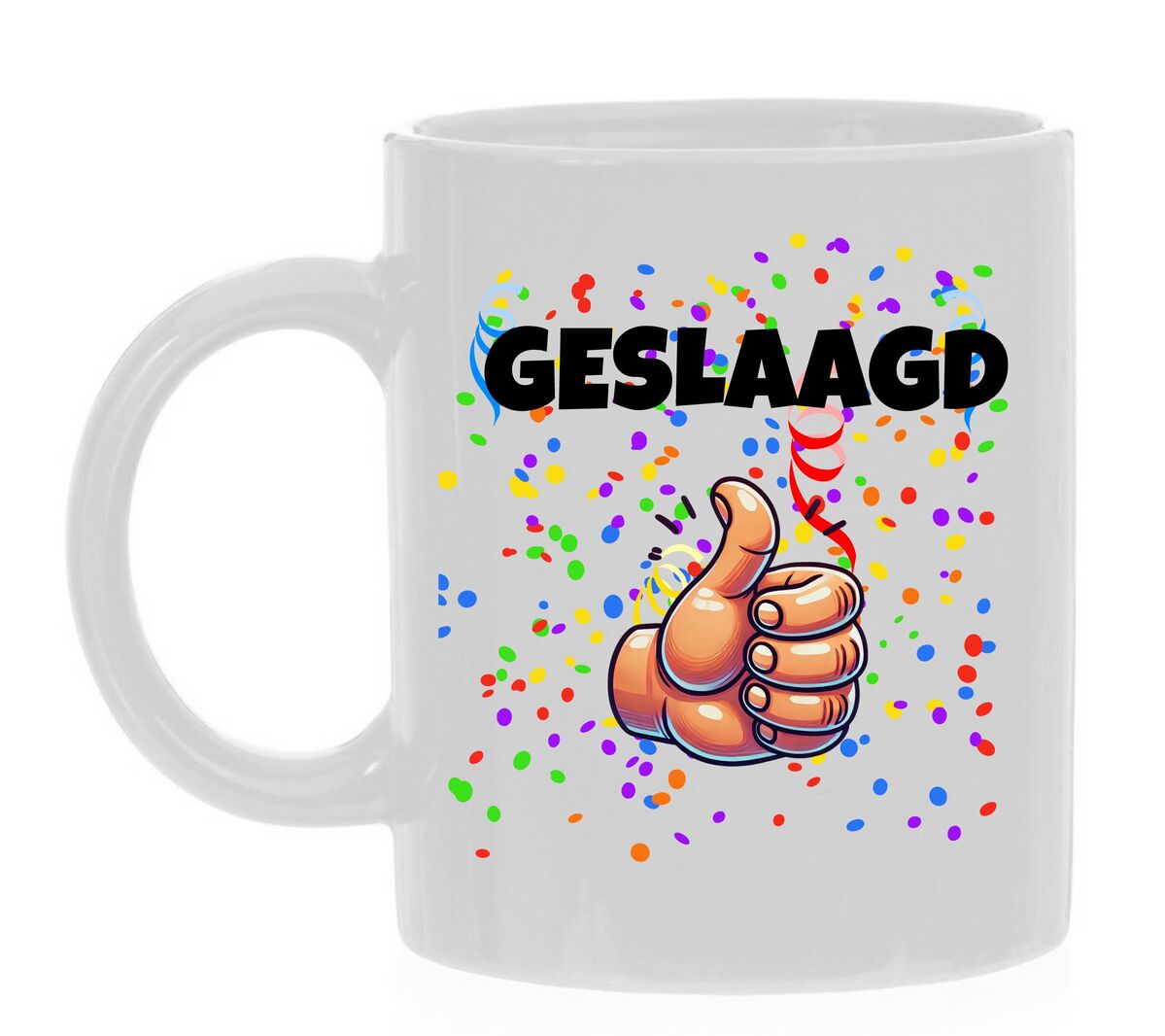 Geslaagd mok dikke duim