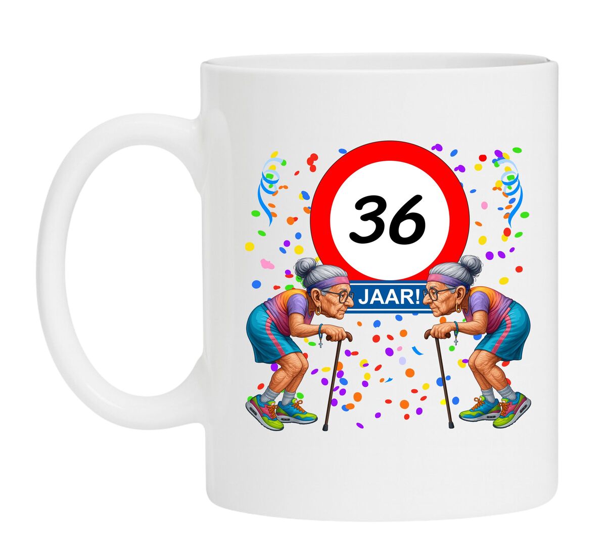 Een leuk en grappig mokje voor haar verjaardag, oude dames met wandelstok voor een leeftijd van 36 jaar