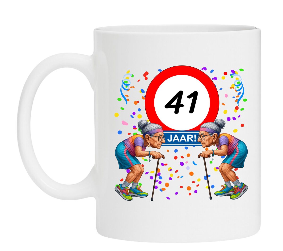 Een leuk en grappig mokje voor haar verjaardag, oude dames met wandelstok voor een leeftijd van 41 jaar