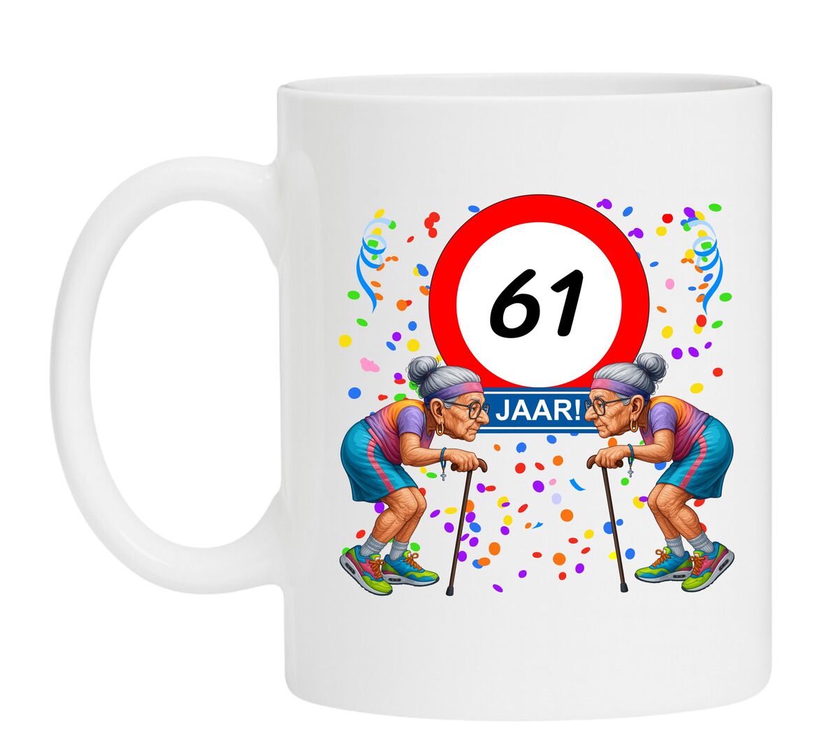 Een leuk en grappig mokje voor haar verjaardag, oude dames met wandelstok voor een leeftijd van 61 jaar