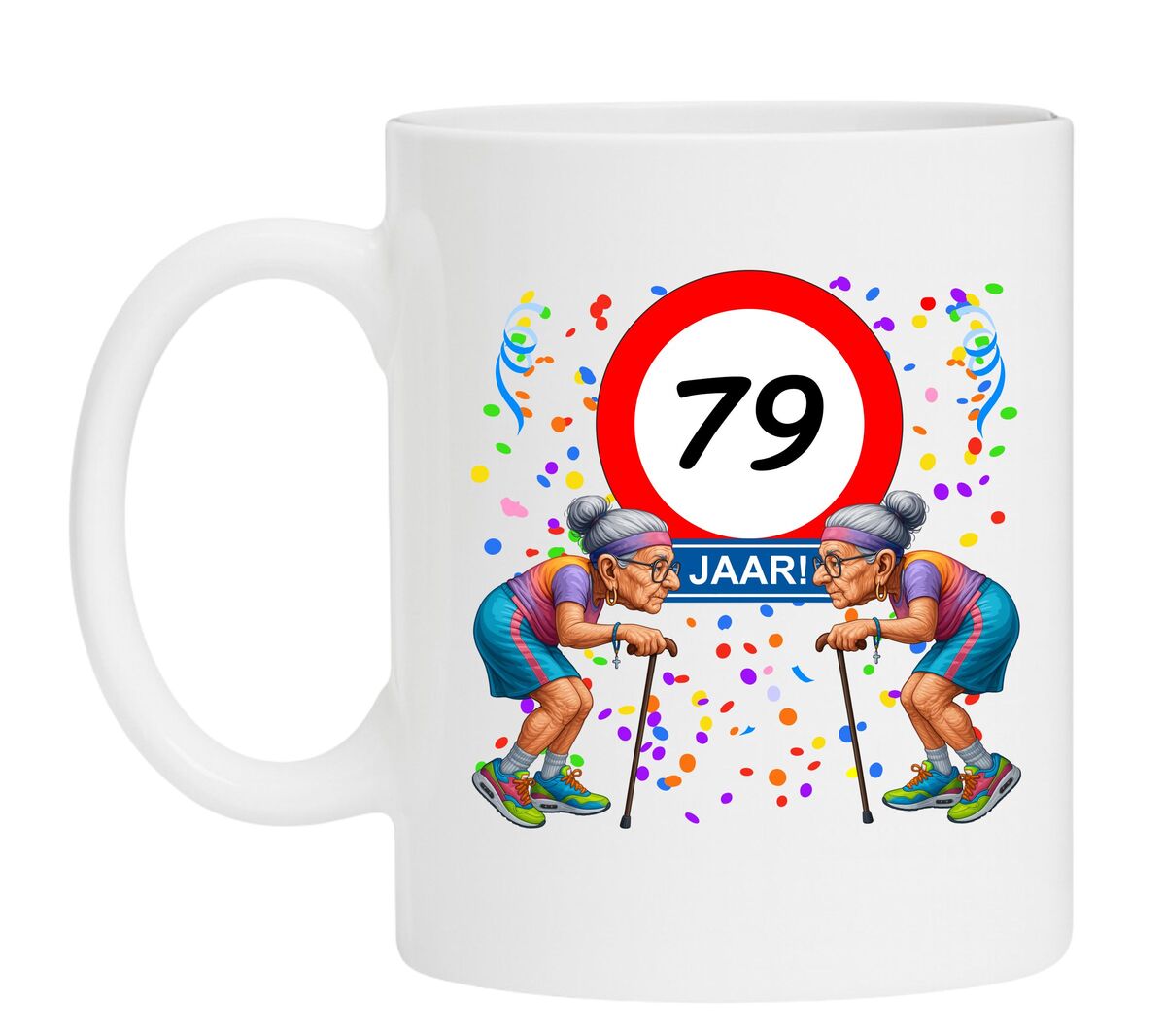 Een leuk en grappig mokje voor haar verjaardag, oude dames met wandelstok voor een leeftijd van 79 jaar