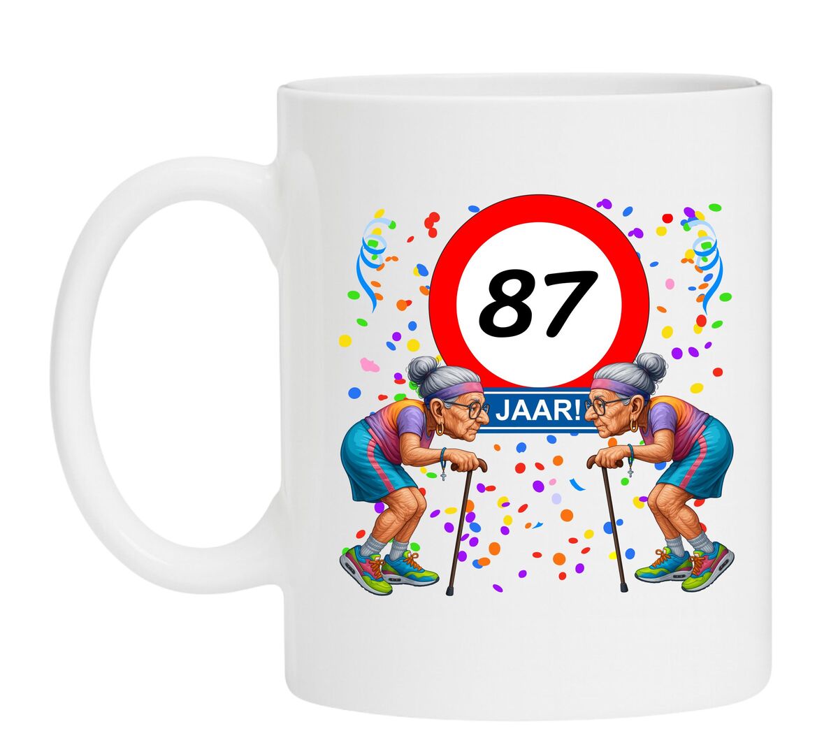 Een leuk en grappig mokje voor haar verjaardag, oude dames met wandelstok voor een leeftijd van 87 jaar