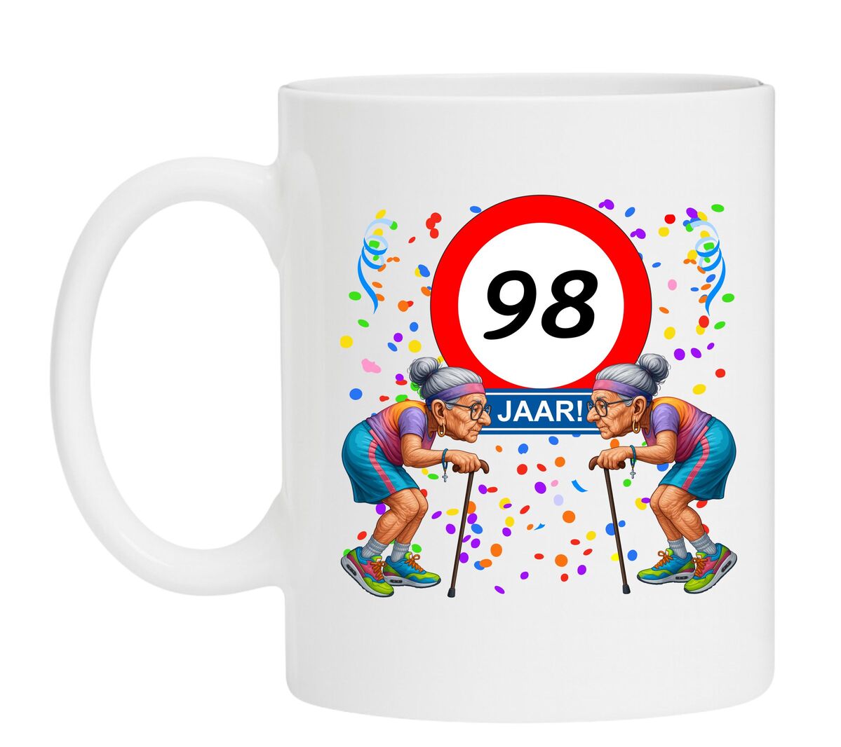 Een leuk en grappig mokje voor haar verjaardag, oude dames met wandelstok voor een leeftijd van 98 jaar