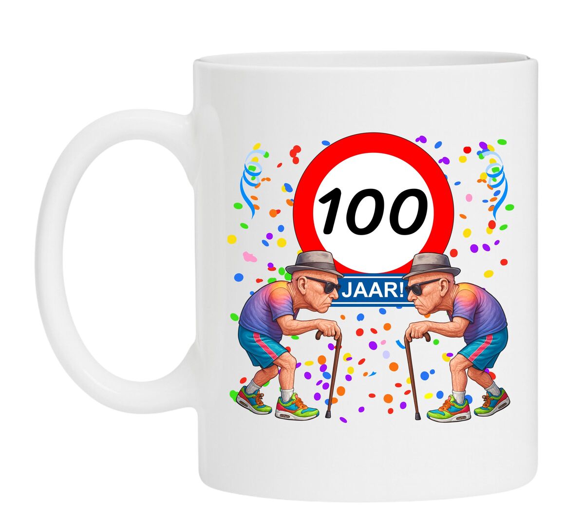 Een leuk en grappig mokje voor zijn verjaardag, oude mannen met wandelstok voor een leeftijd van 100 jaar