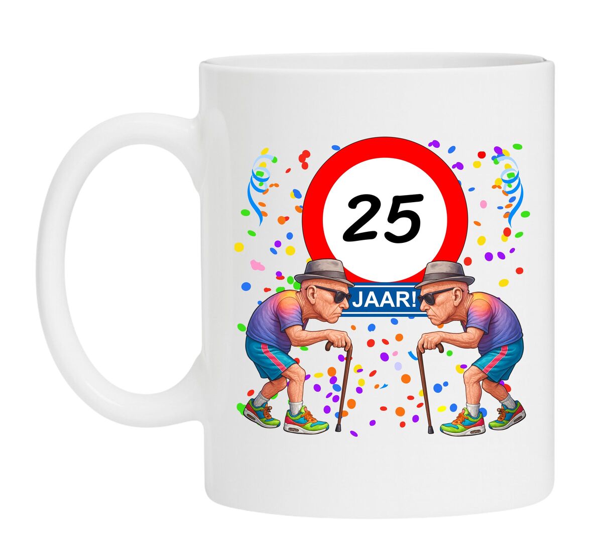 Een leuk en grappig mokje voor zijn verjaardag, oude mannen met wandelstok voor een leeftijd van 25 jaar