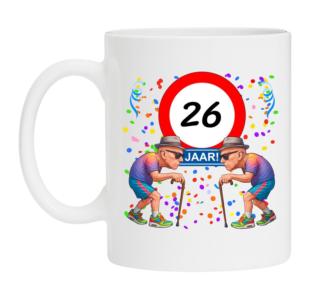 Een leuk en grappig mokje voor zijn verjaardag, oude mannen met wandelstok voor een leeftijd van 26 jaar