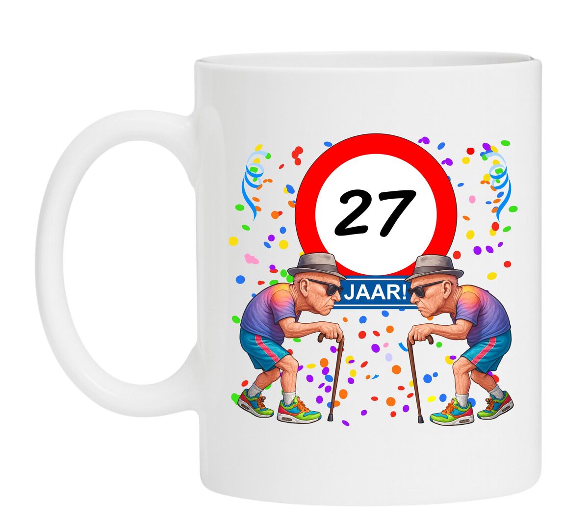 Een leuk en grappig mokje voor zijn verjaardag, oude mannen met wandelstok voor een leeftijd van 27 jaar