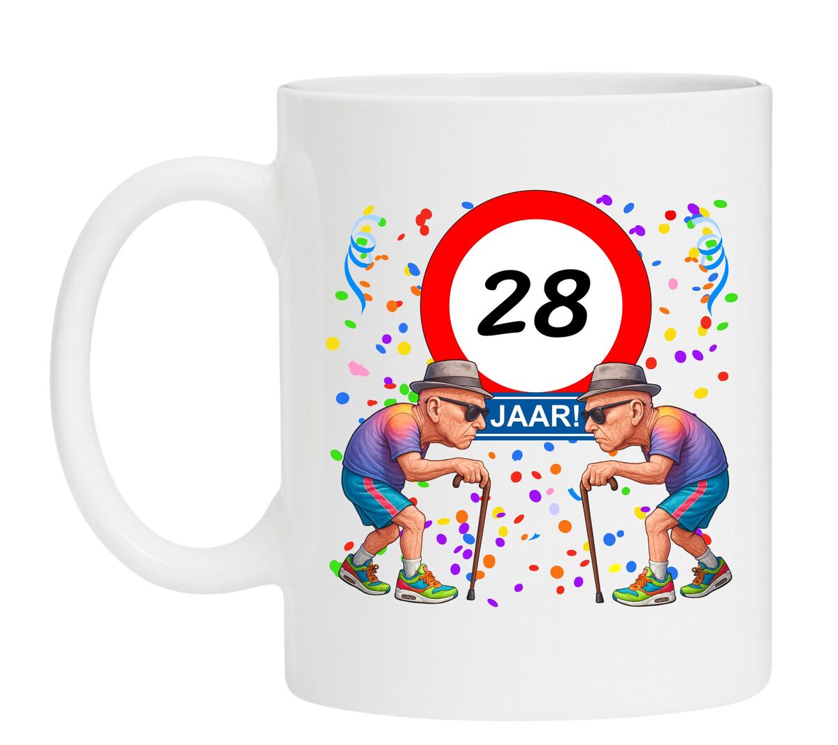 Een leuk en grappig mokje voor zijn verjaardag, oude mannen met wandelstok voor een leeftijd van 28 jaar