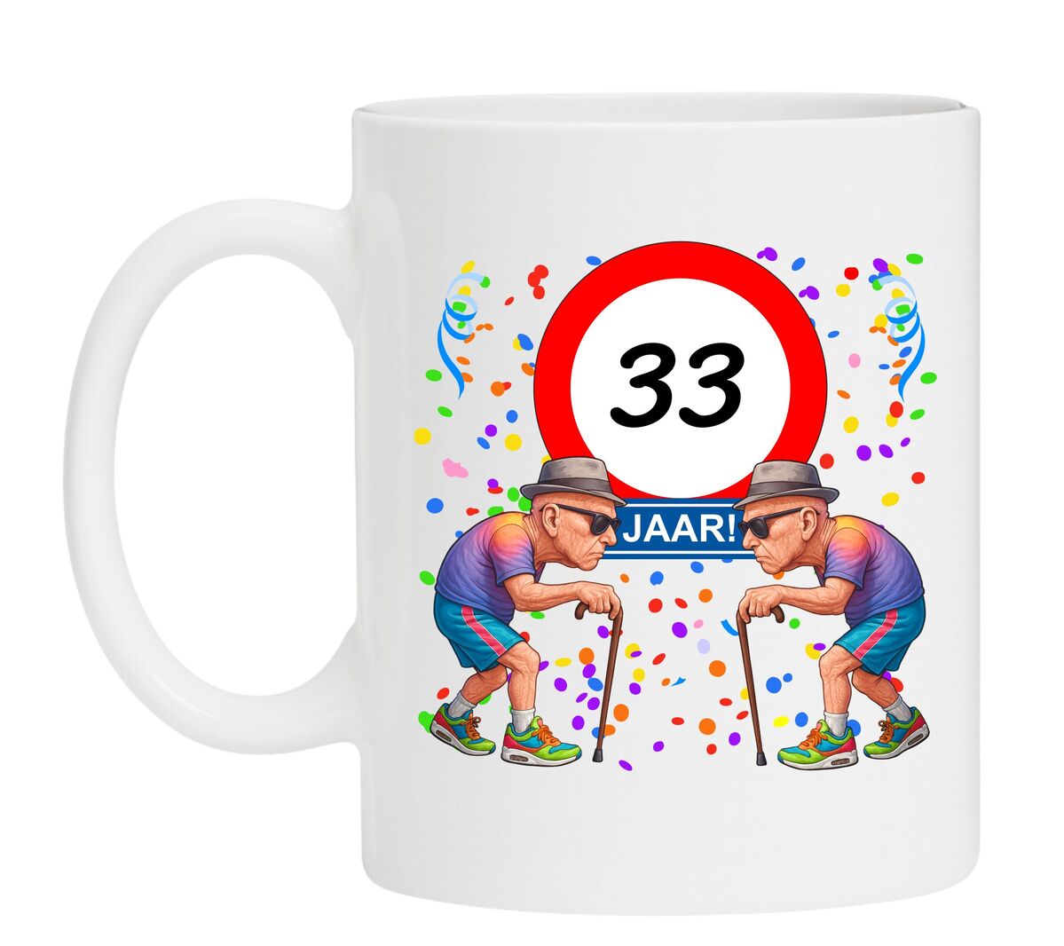Een leuk en grappig mokje voor zijn verjaardag, oude mannen met wandelstok voor een leeftijd van 33 jaar