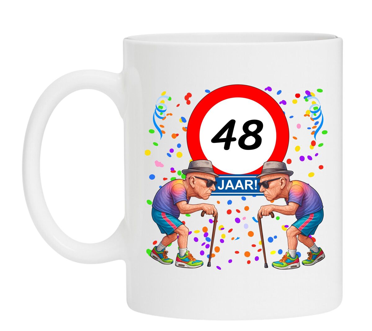 Een leuk en grappig mokje voor zijn verjaardag, oude mannen met wandelstok voor een leeftijd van 48 jaar