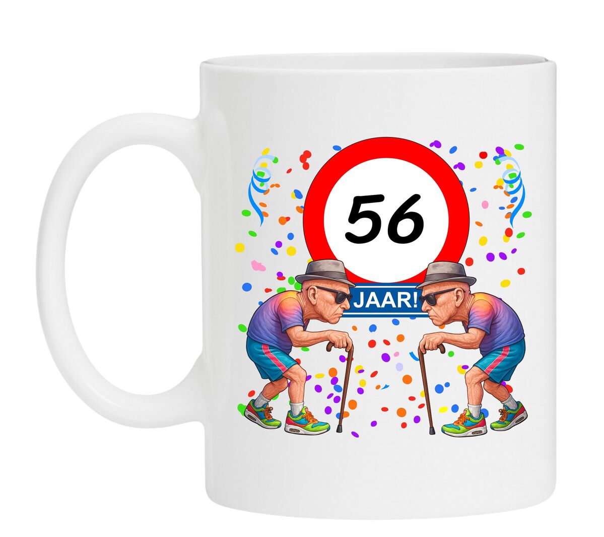 Een leuk en grappig mokje voor zijn verjaardag, oude mannen met wandelstok voor een leeftijd van 56 jaar