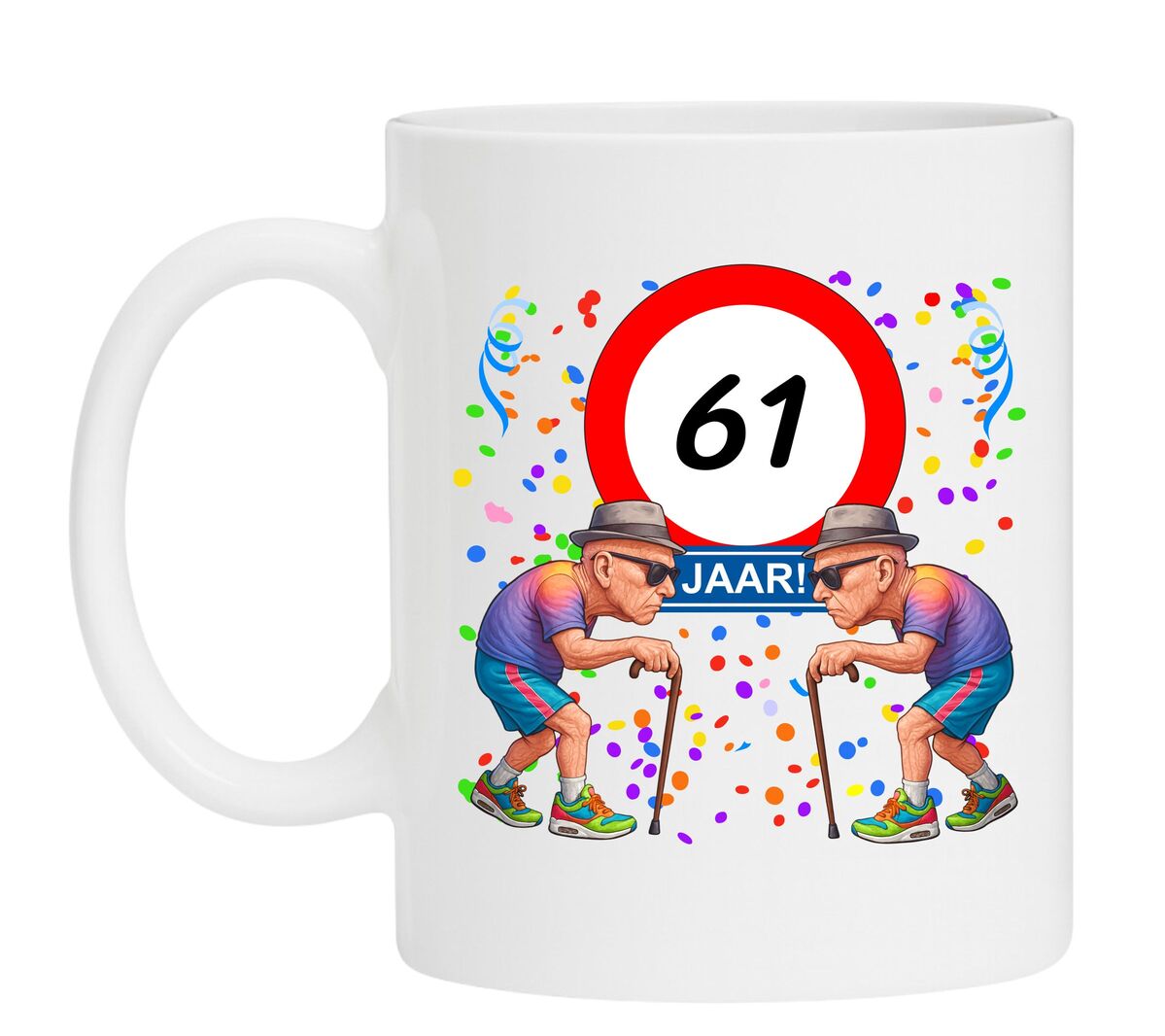 Een leuk en grappig mokje voor zijn verjaardag, oude mannen met wandelstok voor een leeftijd van 61 jaar