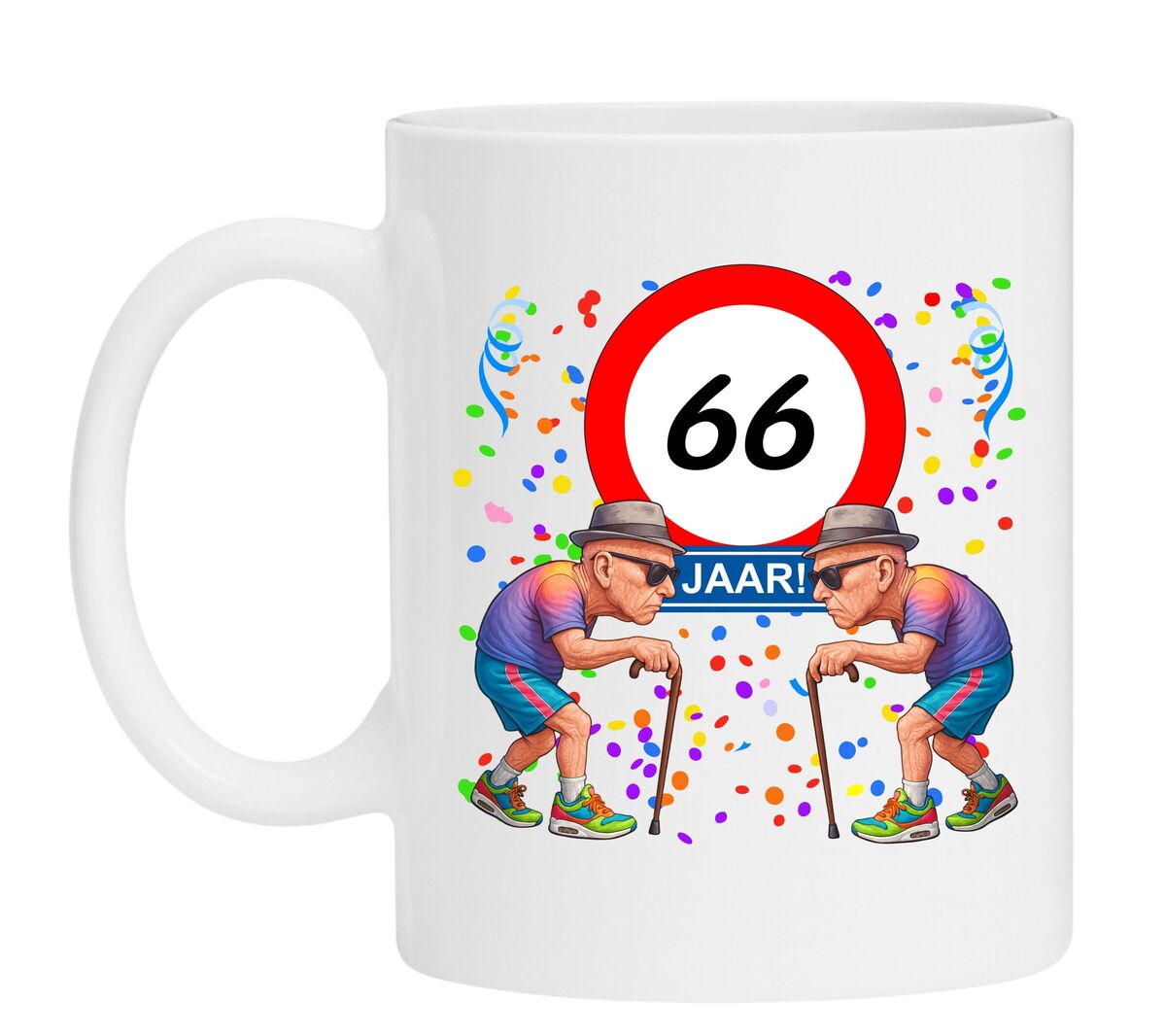 Een leuk en grappig mokje voor zijn verjaardag, oude mannen met wandelstok voor een leeftijd van 66 jaar