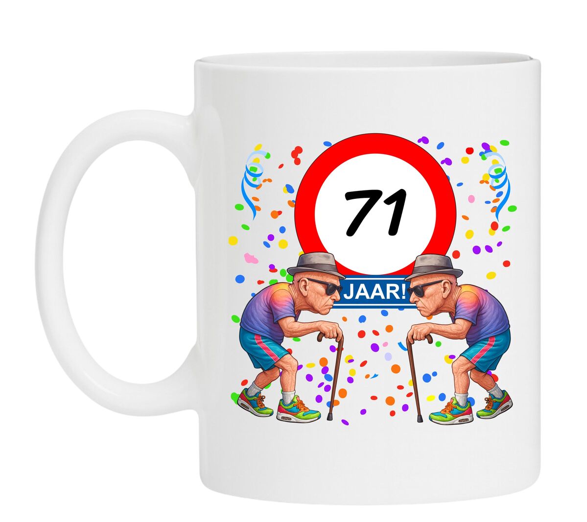 Een leuk en grappig mokje voor zijn verjaardag, oude mannen met wandelstok voor een leeftijd van 71 jaar