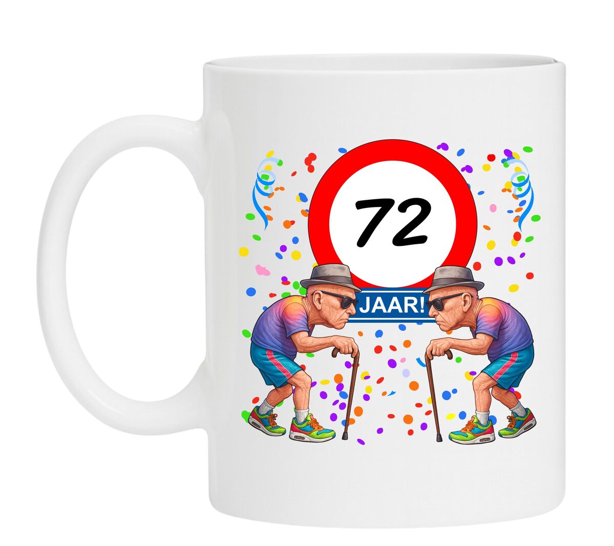 Een leuk en grappig mokje voor zijn verjaardag, oude mannen met wandelstok voor een leeftijd van 72 jaar
