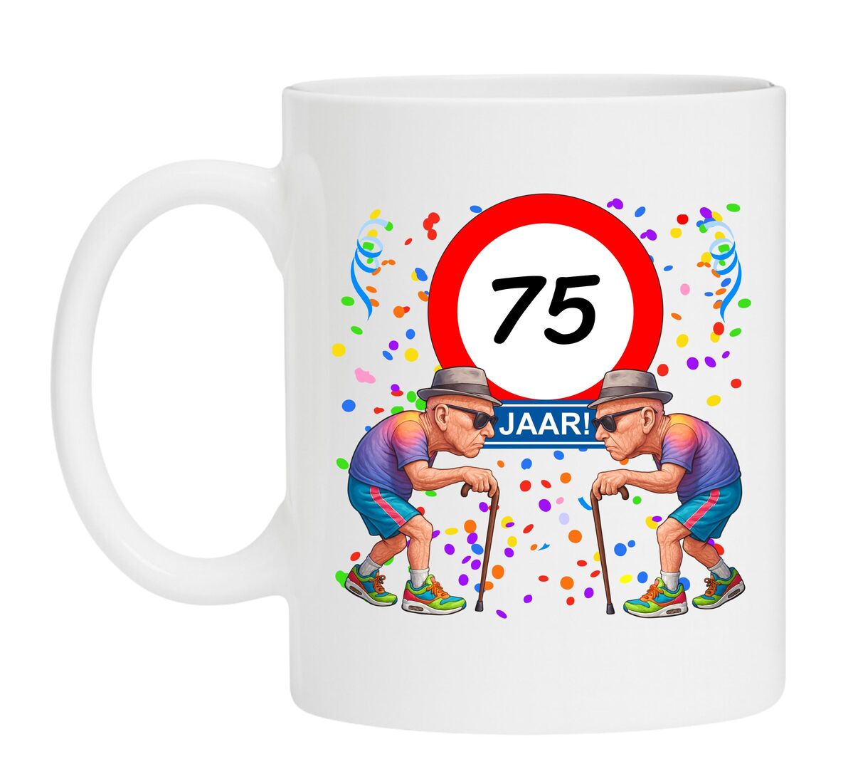 Een leuk en grappig mokje voor zijn verjaardag, oude mannen met wandelstok voor een leeftijd van 75 jaar
