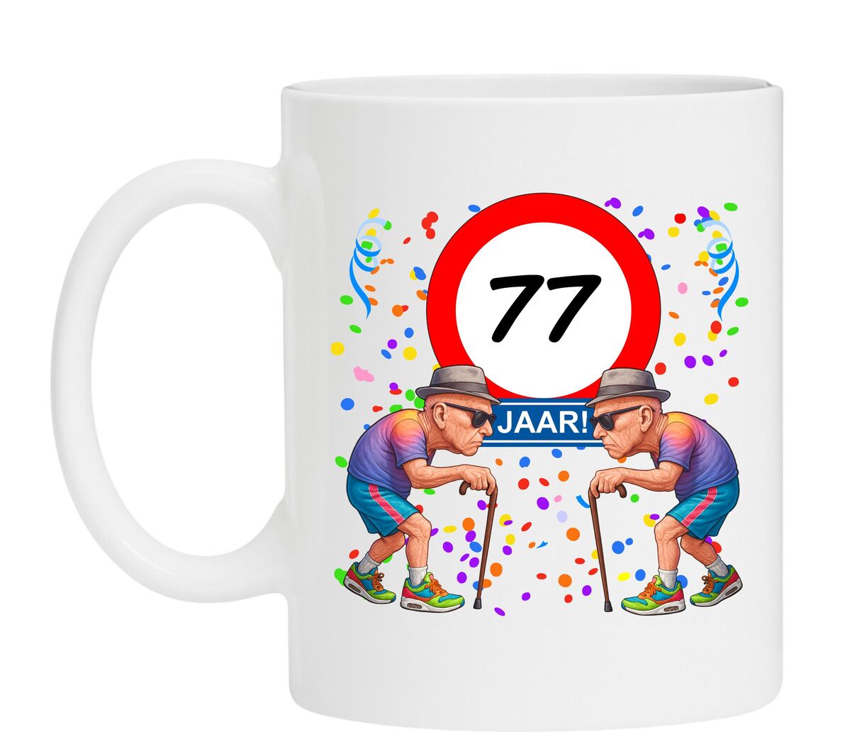 Een leuk en grappig mokje voor zijn verjaardag, oude mannen met wandelstok voor een leeftijd van 77 jaar