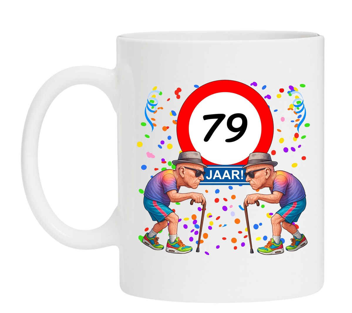 Een leuk en grappig mokje voor zijn verjaardag, oude mannen met wandelstok voor een leeftijd van 79 jaar