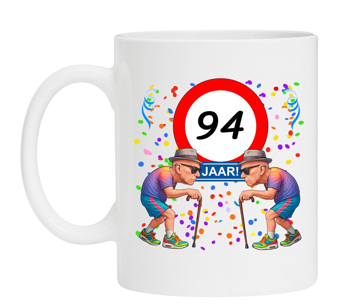 Een leuk en grappig mokje voor zijn verjaardag, oude mannen met wandelstok voor een leeftijd van 94 jaar