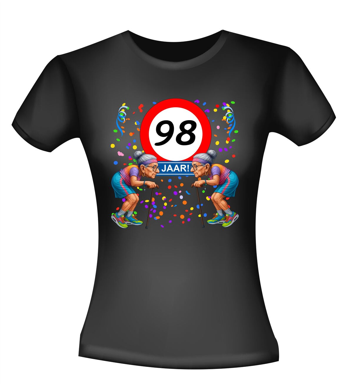 Een leuk en grappig shirtje voor haar, oude vrouwen met wandelstok voor leeftijd 98 dames