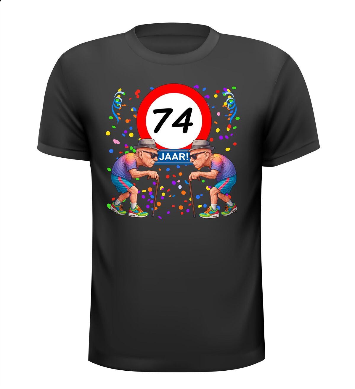 Een leuk en grappig shirtje voor hem, oude mannen met wandelstok voor leeftijd 74 man
