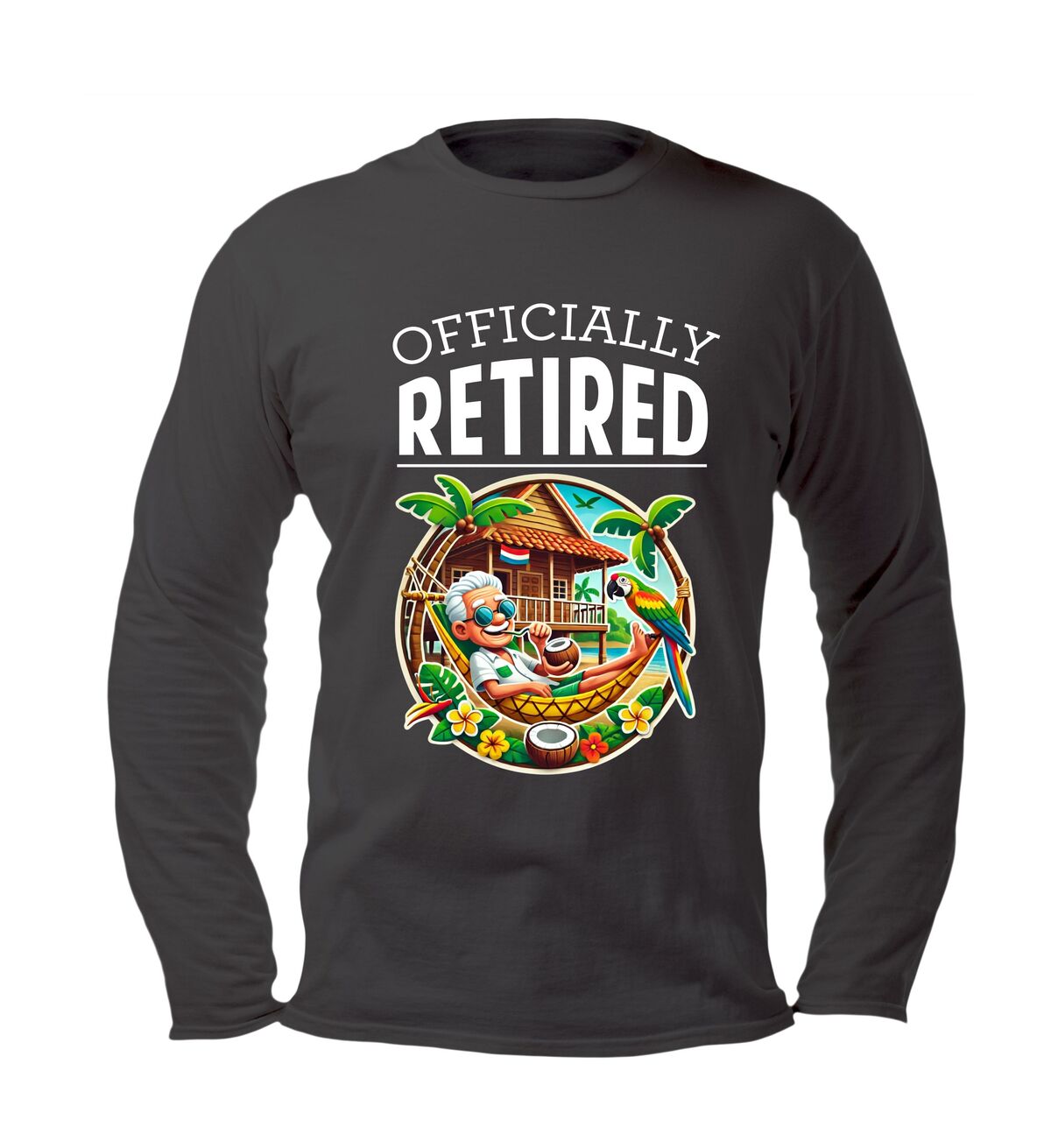 Officially retired longsleeve heren grappig pensioen cadeau met tekst en hangmat print