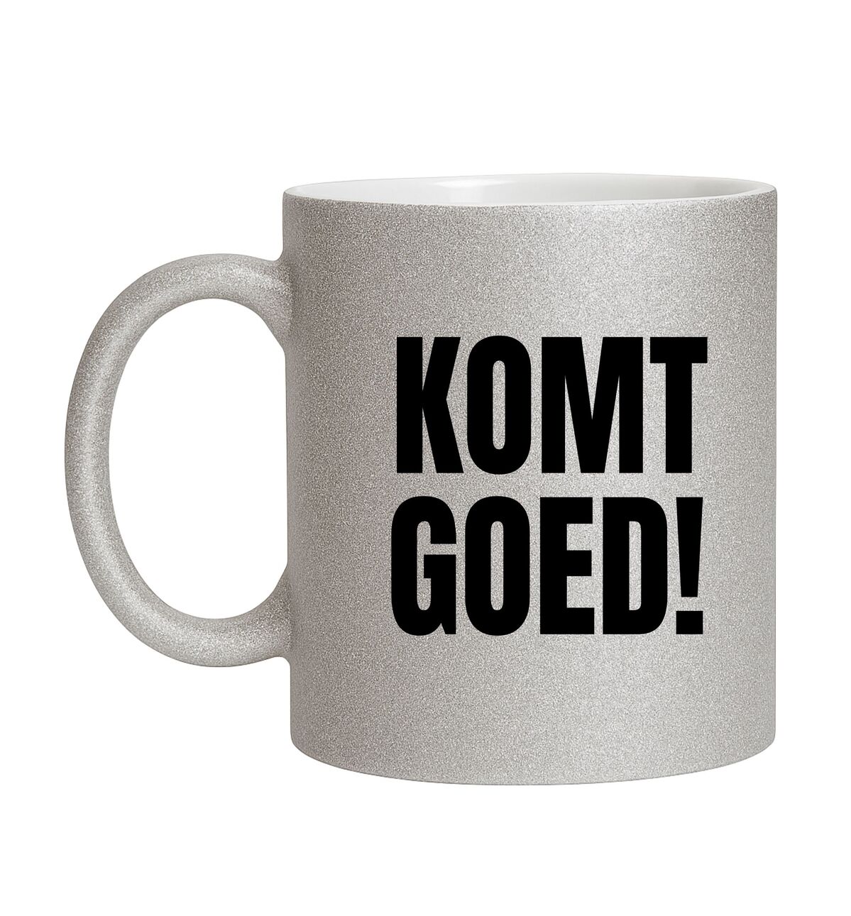 Glitter mok komt goed zilver met een stralende boodschap