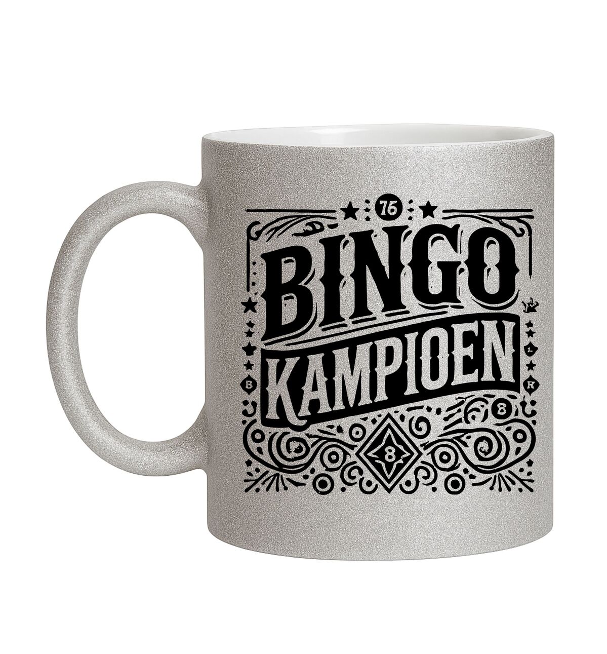 Sprankelende zilveren glitter mok vintage bingo kampioen perfect voor bingo avonden en cadeau momenten