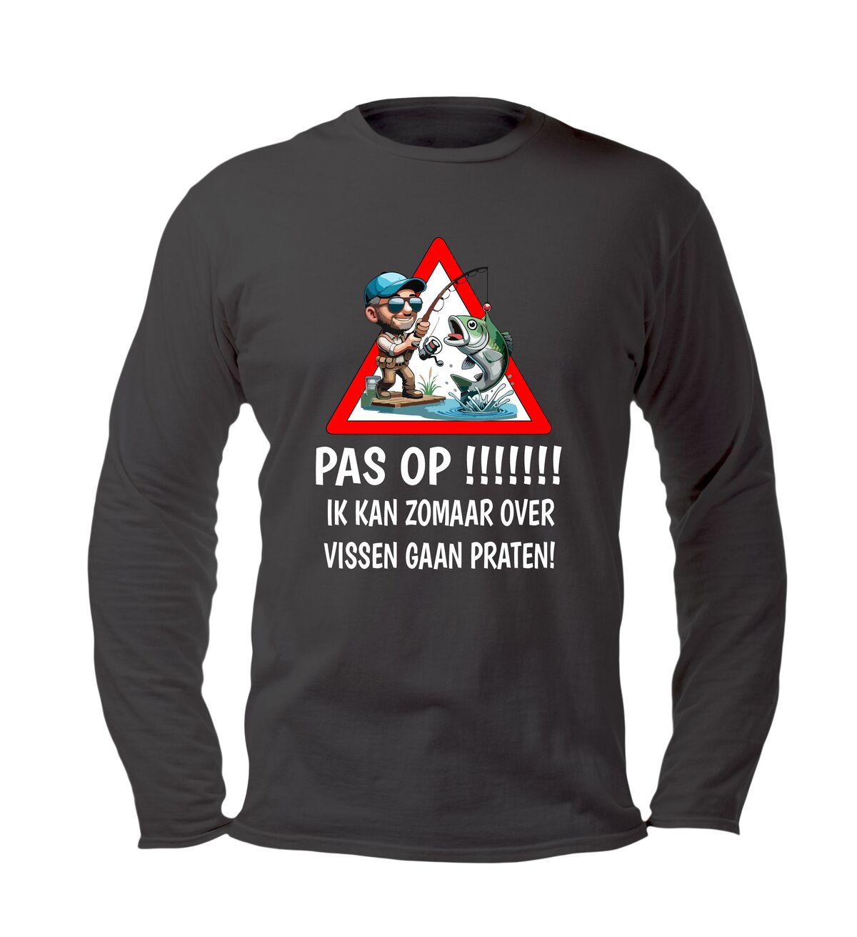 Unisex longsleeve voor de echte visfanaat met tekst pas op ik kan zomaar over vissen gaan praten