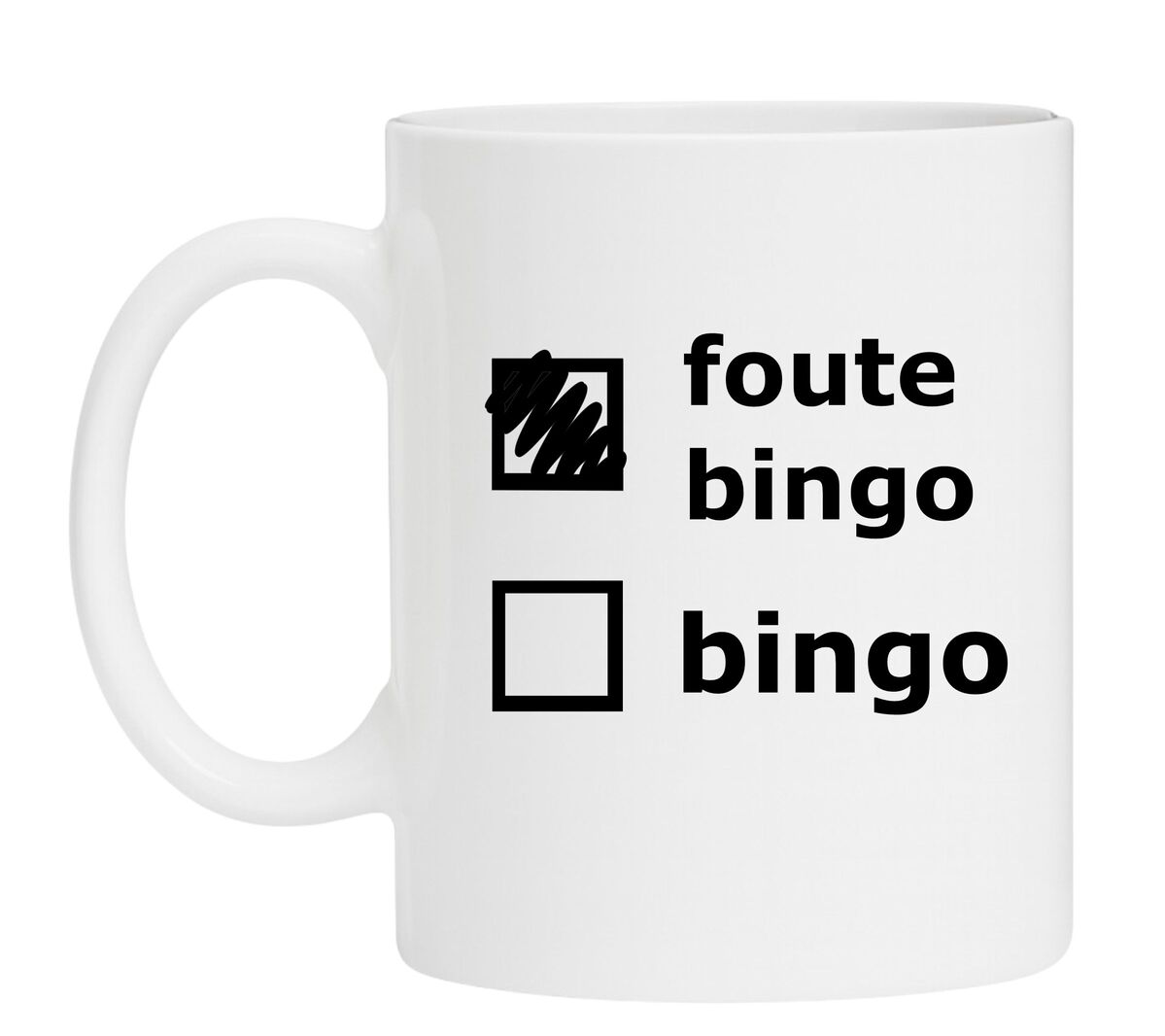 Witte koffiemok bingo tekst met foute bingo twist  perfect voor Cadeau tijdens bingo avonden