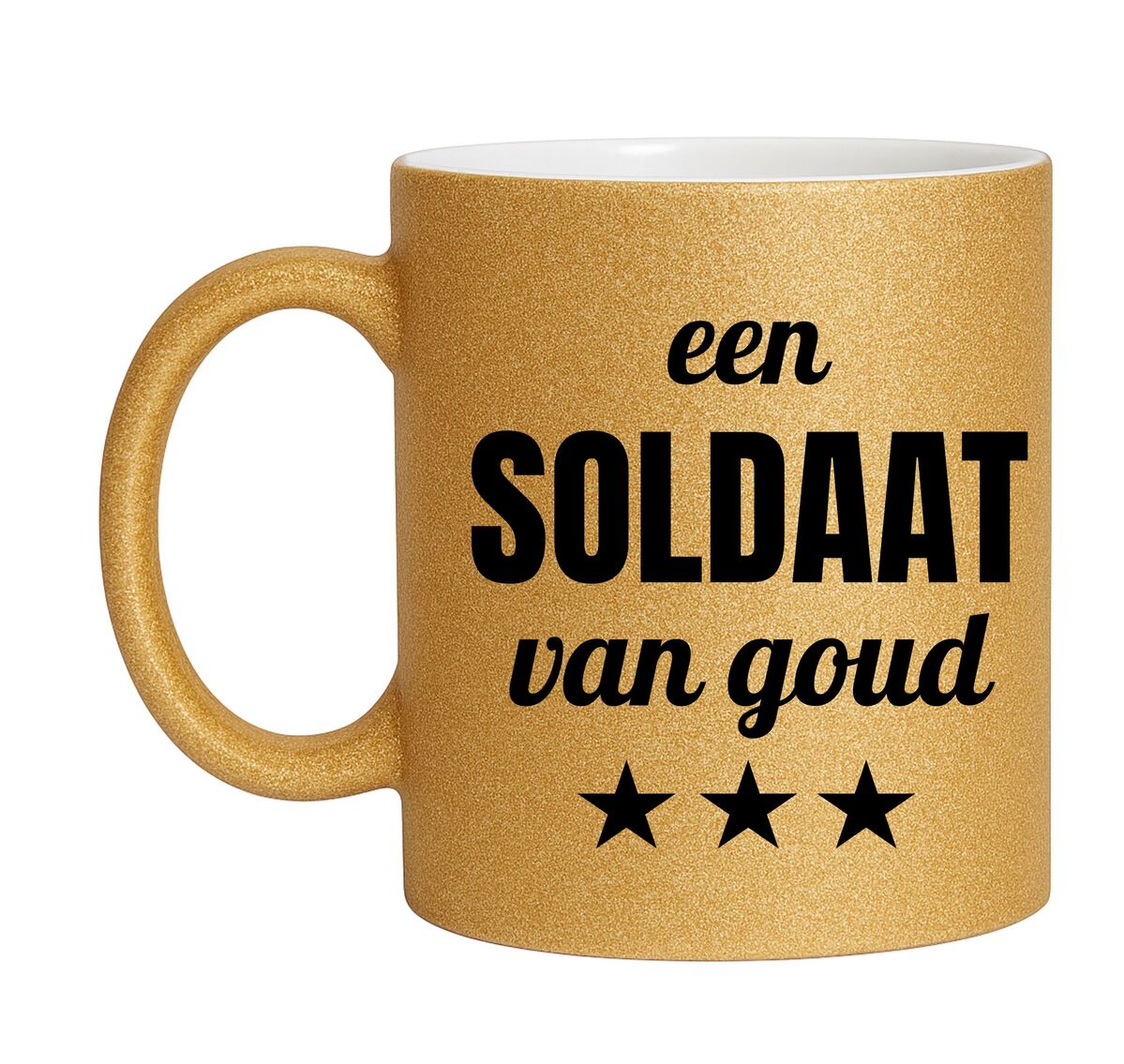 Gouden glitter mok! Voor een soldaat van goud.