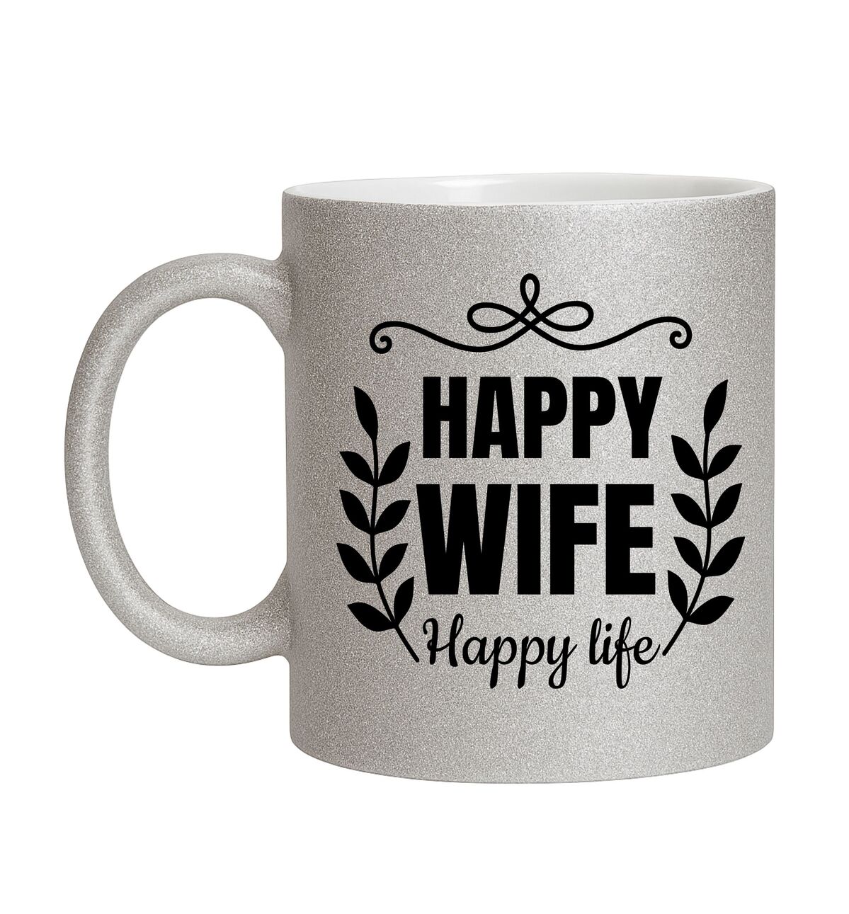 Mok met zilver glitters happy wife happy life grappig humor