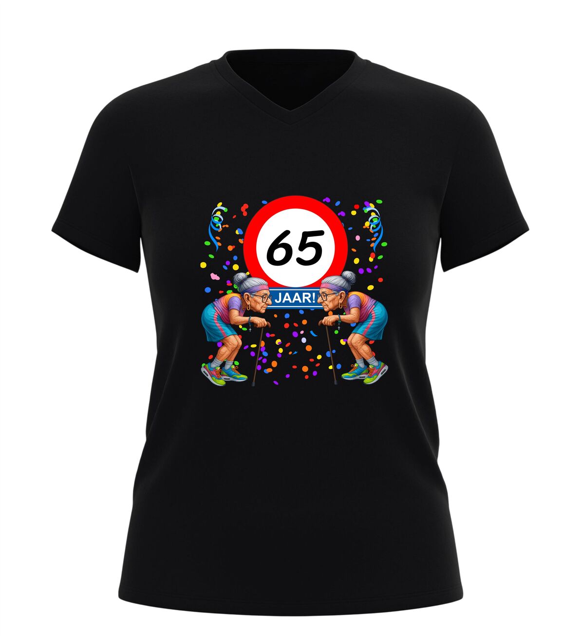 65 jaar verjaardag shirt dames v-Hals grappig t-Shirt met twee oude omaatjes en Wandelstokken