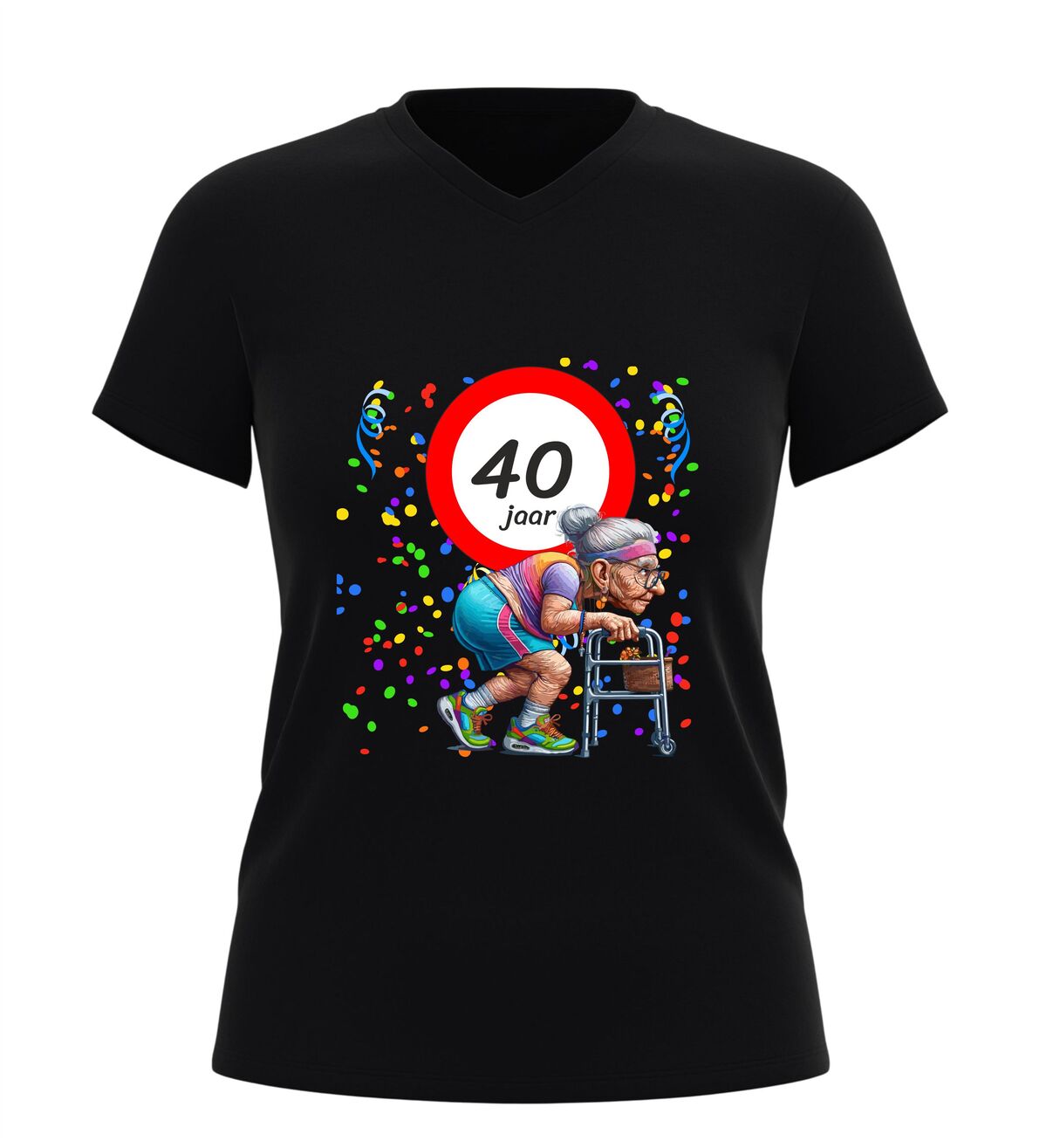 Dames v-hals shirt 40 jaar grappig shirt met oud dametje en rollator afbeelding