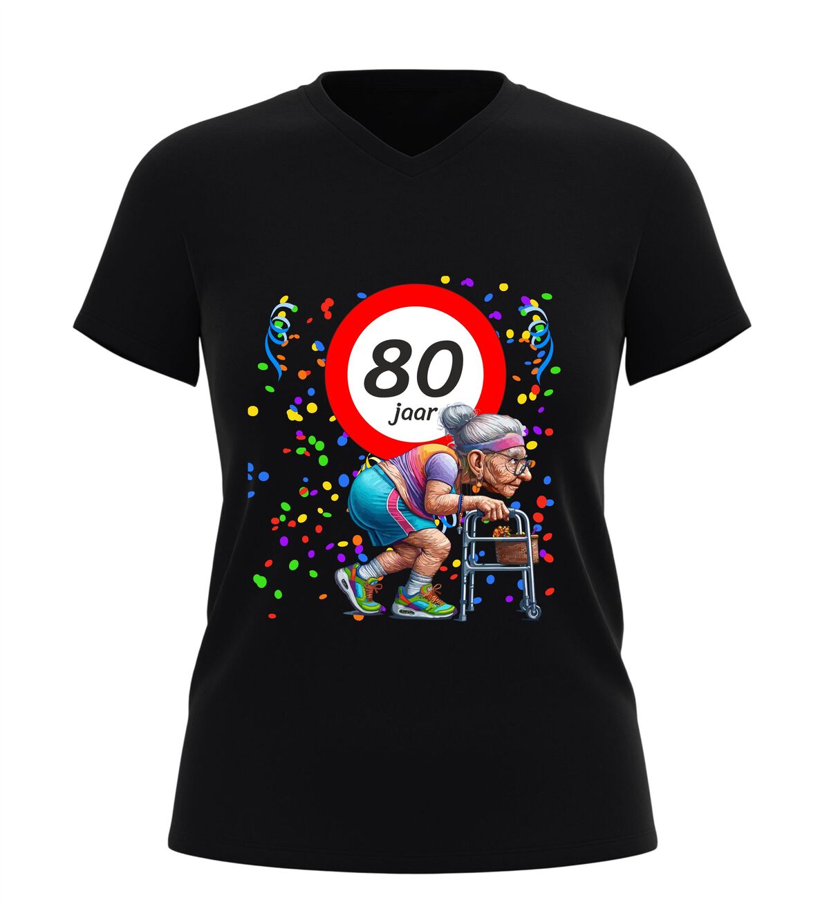 Dames v-hals shirt 80 jaar grappig verjaardag shirt met rollator