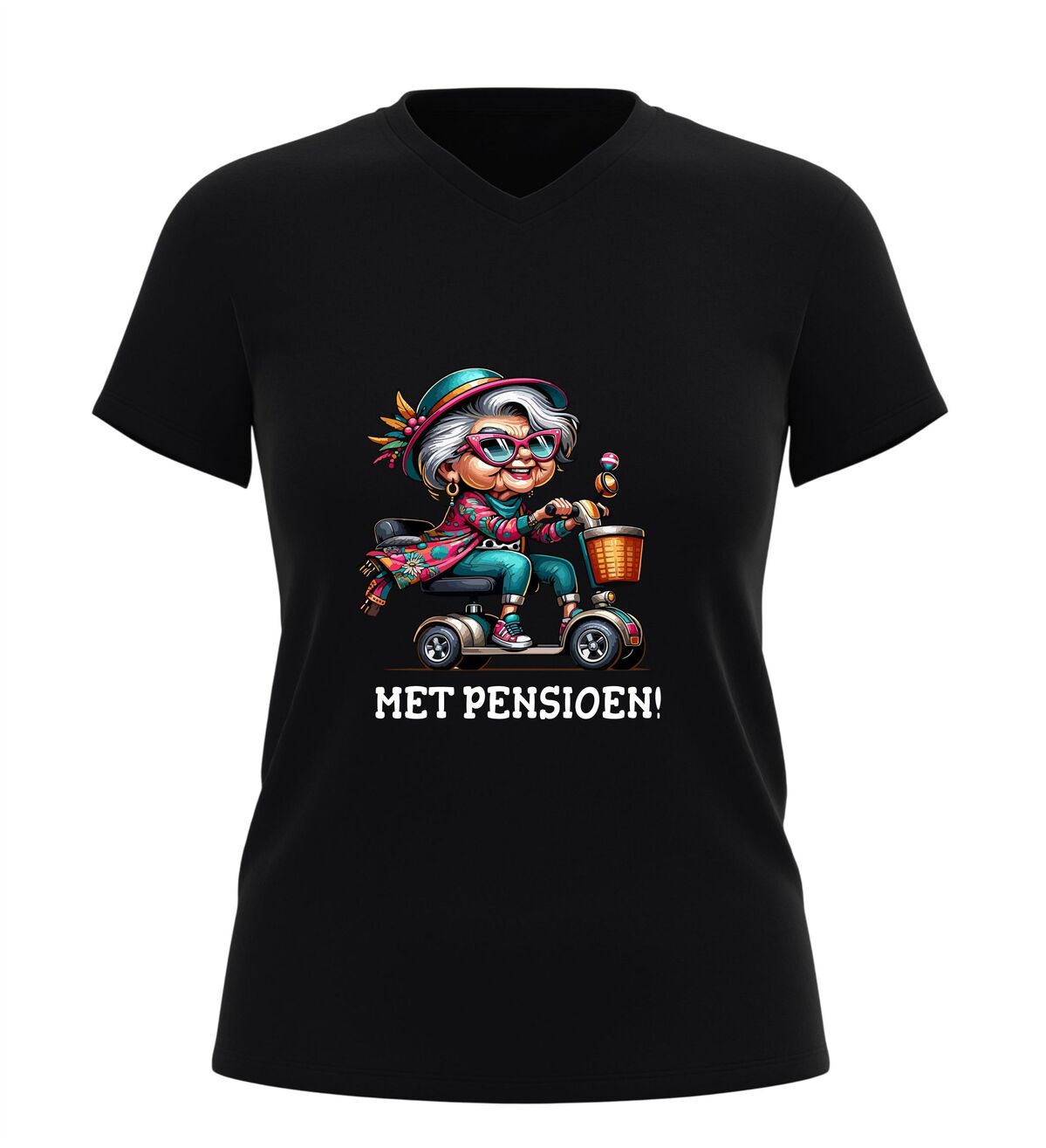 Dames v-hals shirt met pensioen grappig t-Shirt met dame en scootmobiel