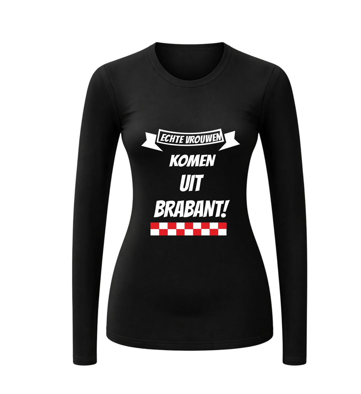 Echte vrouwen komen uit Brabant shirt dames lange mouw met rood wit geblokte print