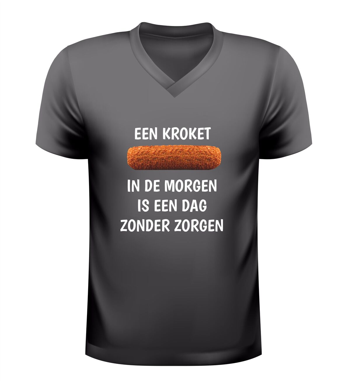 Grappig v-Hals shirt met tekst een kroket in de morgen is een dag zonder zorgen