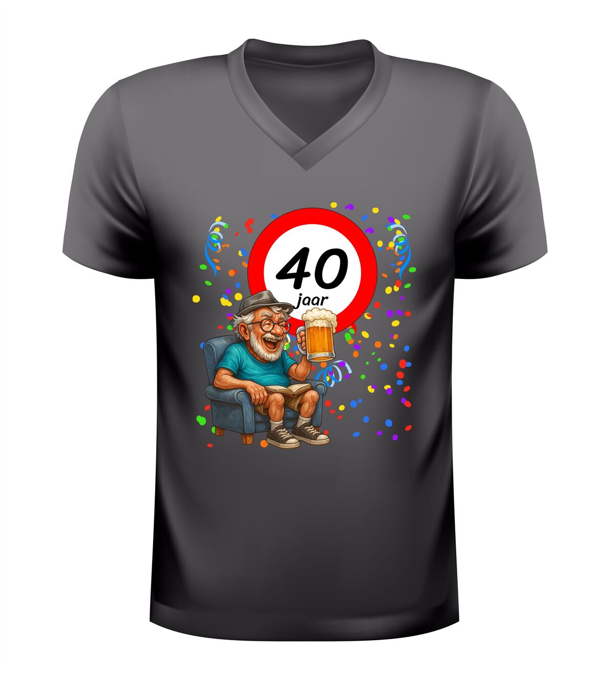 Heren v-hals shirt 40 jaar  grappig verjaardag shirt met verkeersbord en oude Man met Biertje
