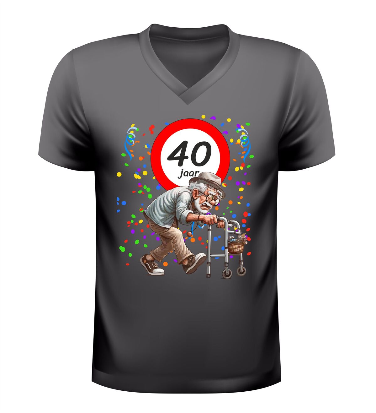 Heren v-hals shirt 40 jaar grappige feestelijke opdruk oude man met rollator verjaardagsshirt